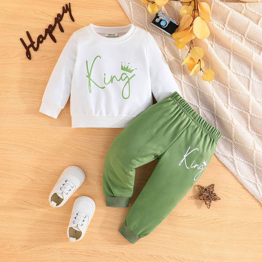 Boys White Full Sleeves Sweatshirt with Sweatpants Set Sets Green 6-9 M 