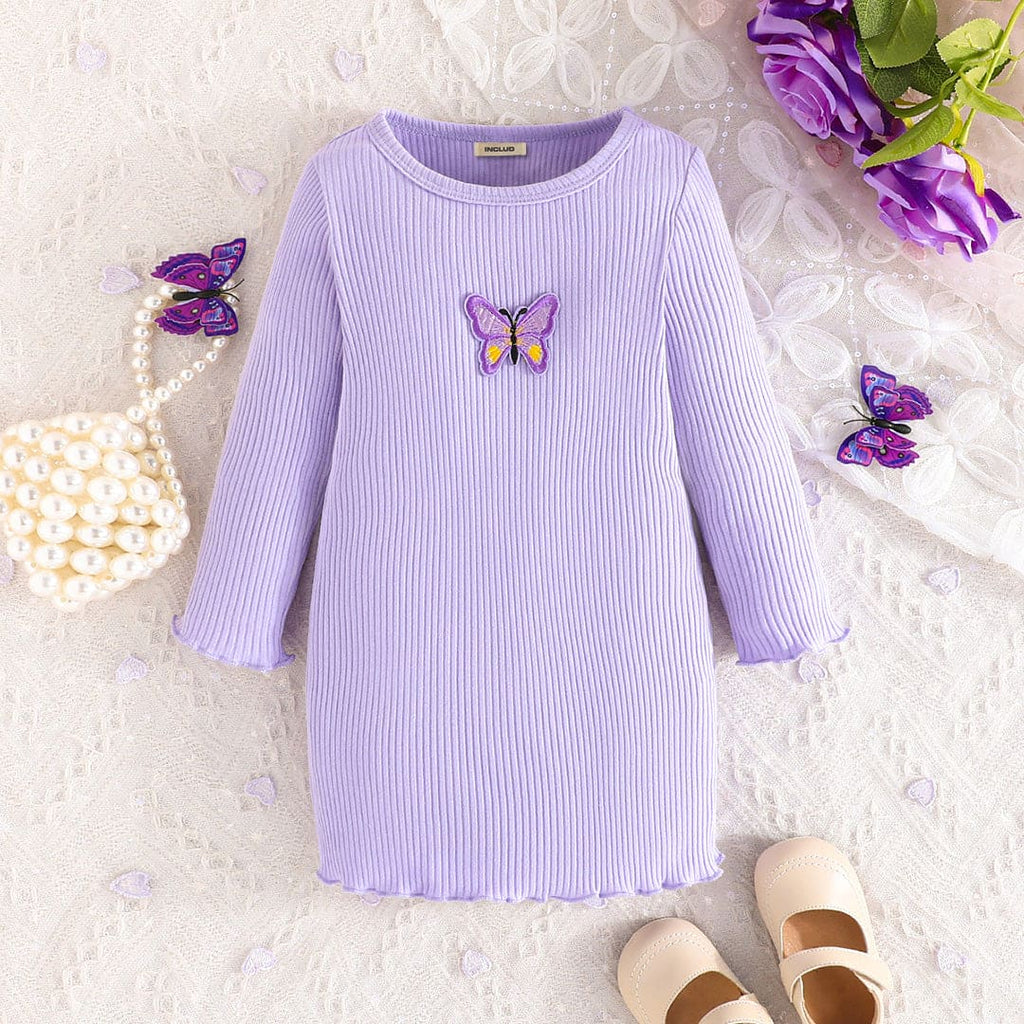 Girls Purple Butterfly Applique Ribbed Dress Casual Dresses Purple 6-9 M 