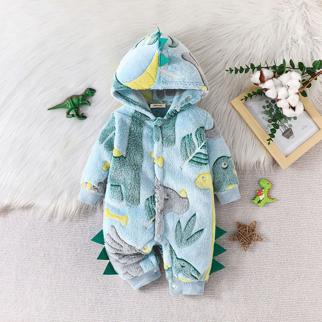 Boys Teal Blue Hooded Printed Fleece Romper Jumpsuits Teal 0-3 M 