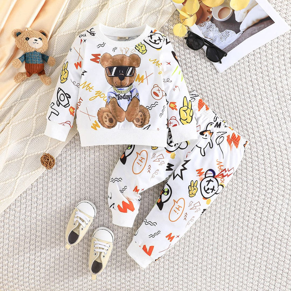 Boys White Bear Print Sweatshirt with Trouser Set Sets Off White 6-9 M 