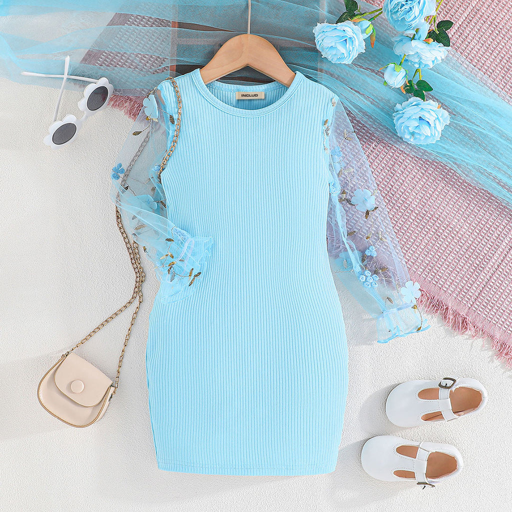 Girls Blue Flower Applique Puff Sleeves Bodycon Dress Casual Dresses Blue 4-5 Y 