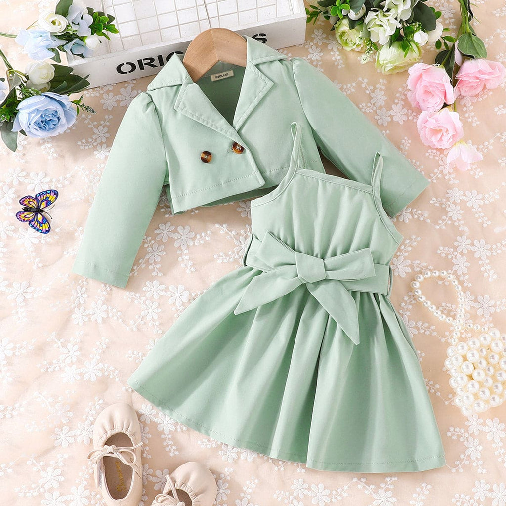 Girls Green Long Sleeve Jacket With Fit & Flare Dress Casual Dresses Green 6-9 M 