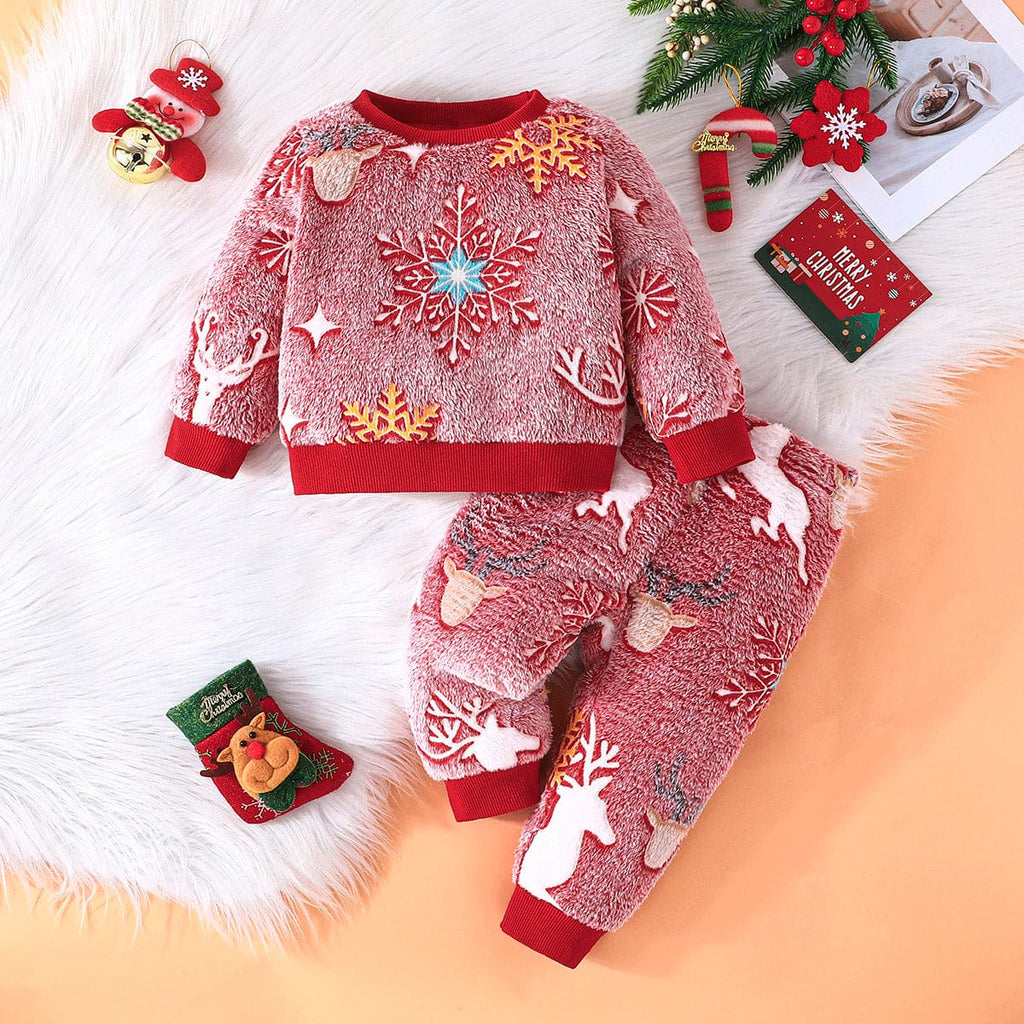 Boys Red Printed Fleece Sweatshirt with Trouser Set Sets Red 6-9 M 