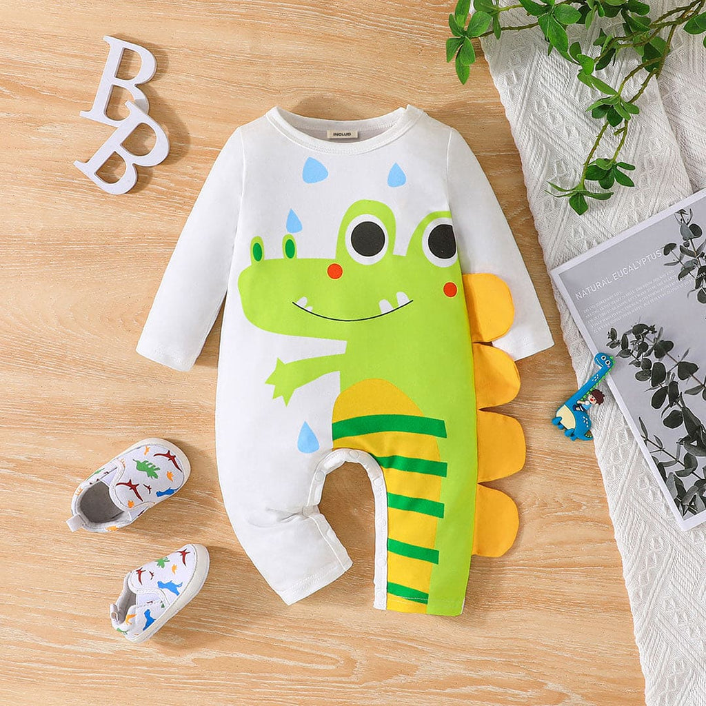 Boys White Dinosaur Print Full Sleeves Jumpsuit Jumpsuits White 0-3 M 