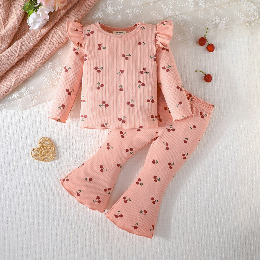 Girls Peach Cherry Print Full Sleeves Top with Flared Pants Set Sets Peach 6-9 M 