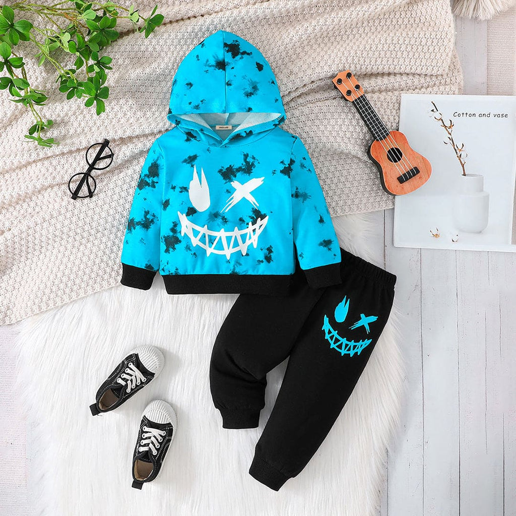 Boys Blue Printed Hooded Sweatshirt with Trouser Set Sets Blue 9-12 M 