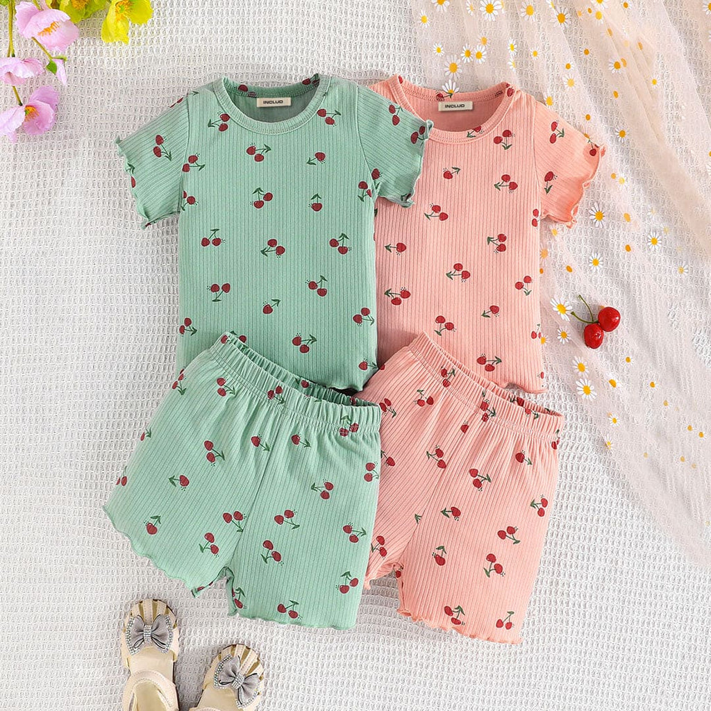 Girls Short Sleeve Cherry Print Top With Short Set ( Pack Of 2 ) Sets Green 6-9 M 