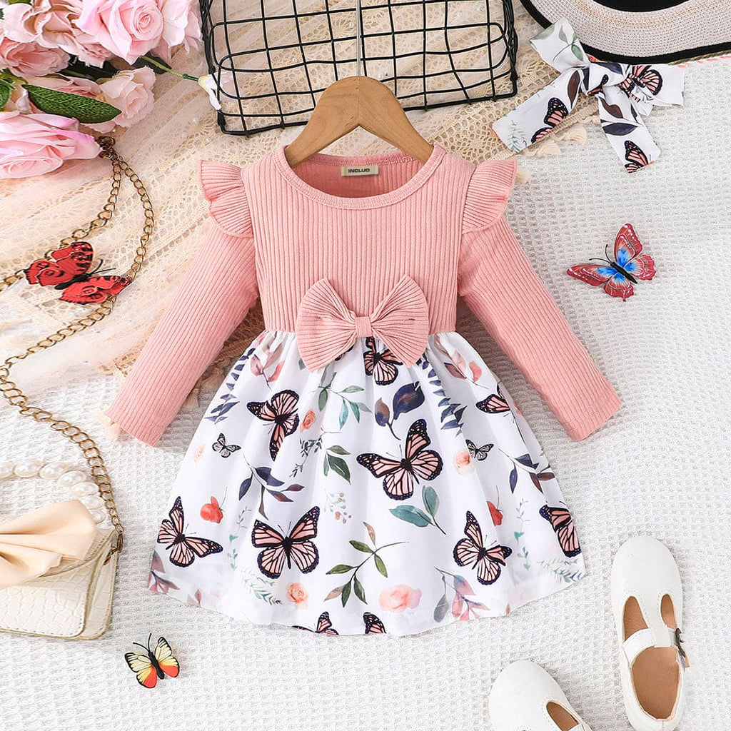 Girls Pink Butterfly Printed Dress With Bow Casual Dresses Pink 6-9 M 