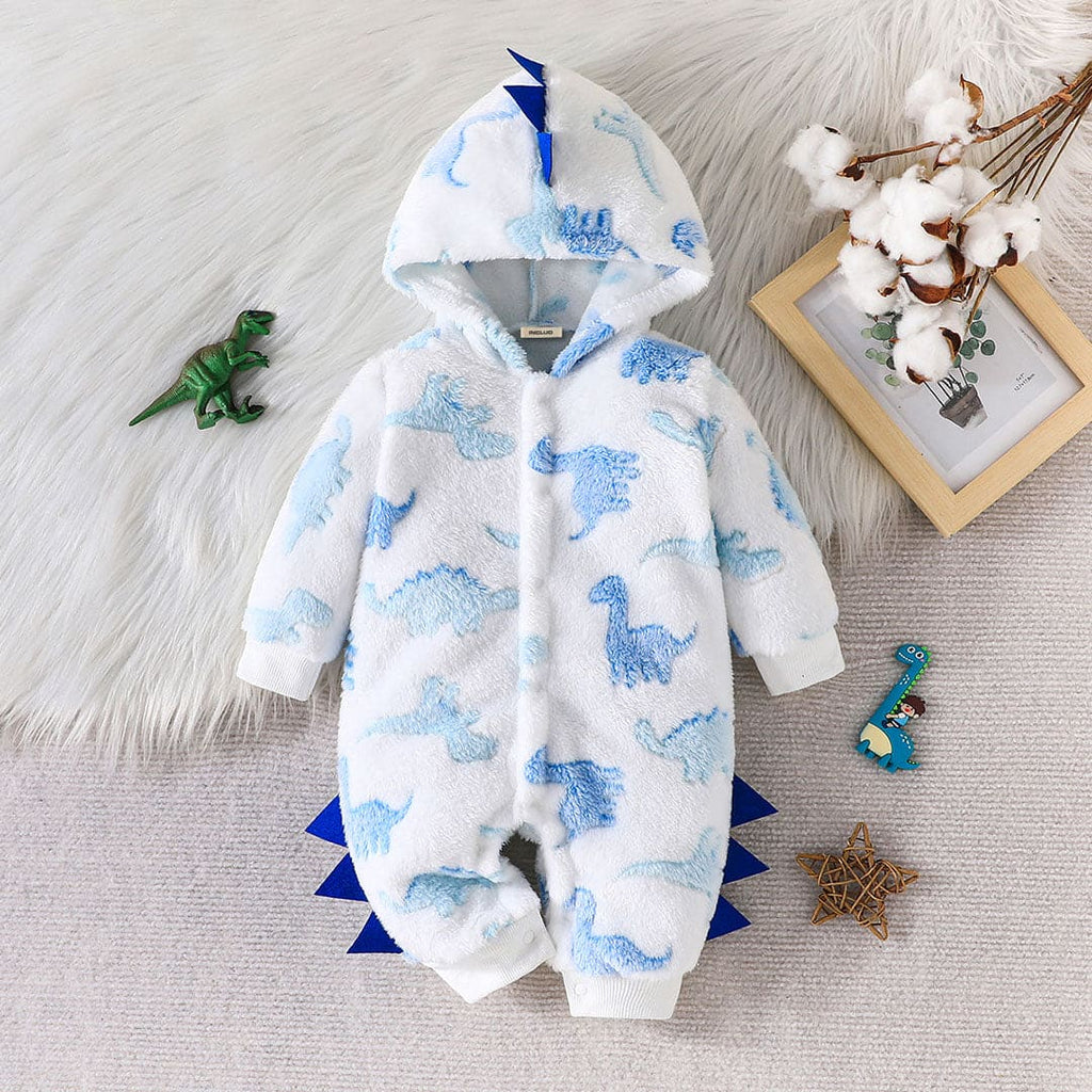 Boys White Dinosaur Print Hooded Jumpsuit Jumpsuits White 0-3 M 