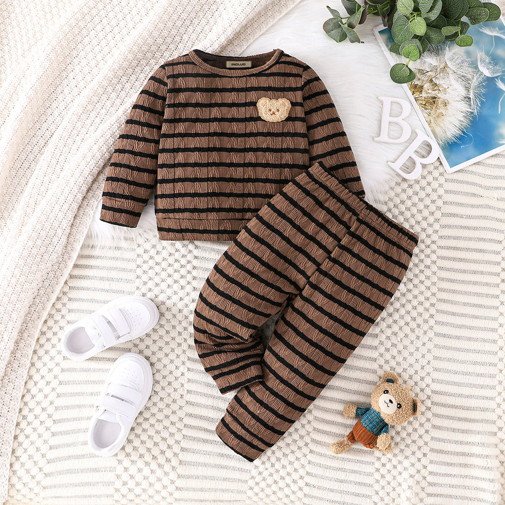 Boys Brown Striped Full Sleeves Sweatshirt & Pants Set Sets Brown 6-9 M 