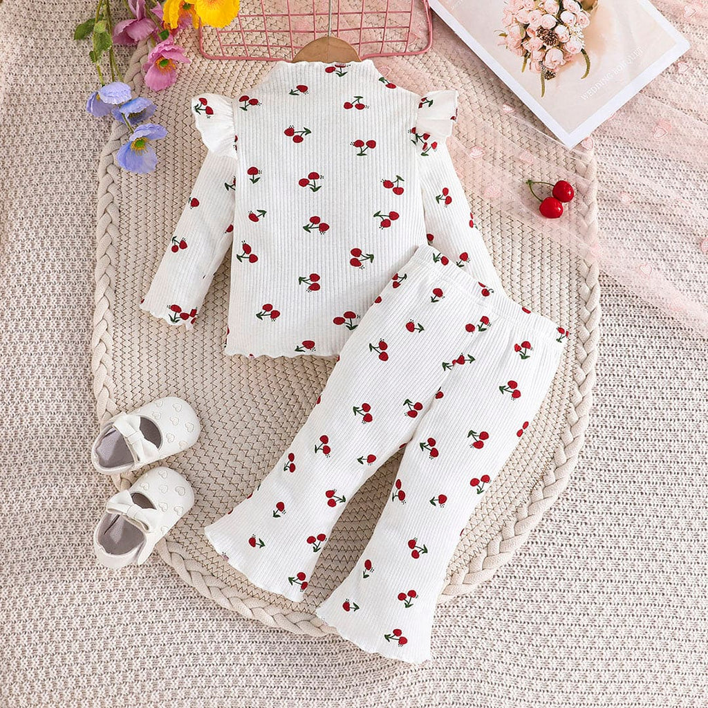 Girls White Cherry Print Top With Wide Leg Pants Set Sets White 3-6 M 