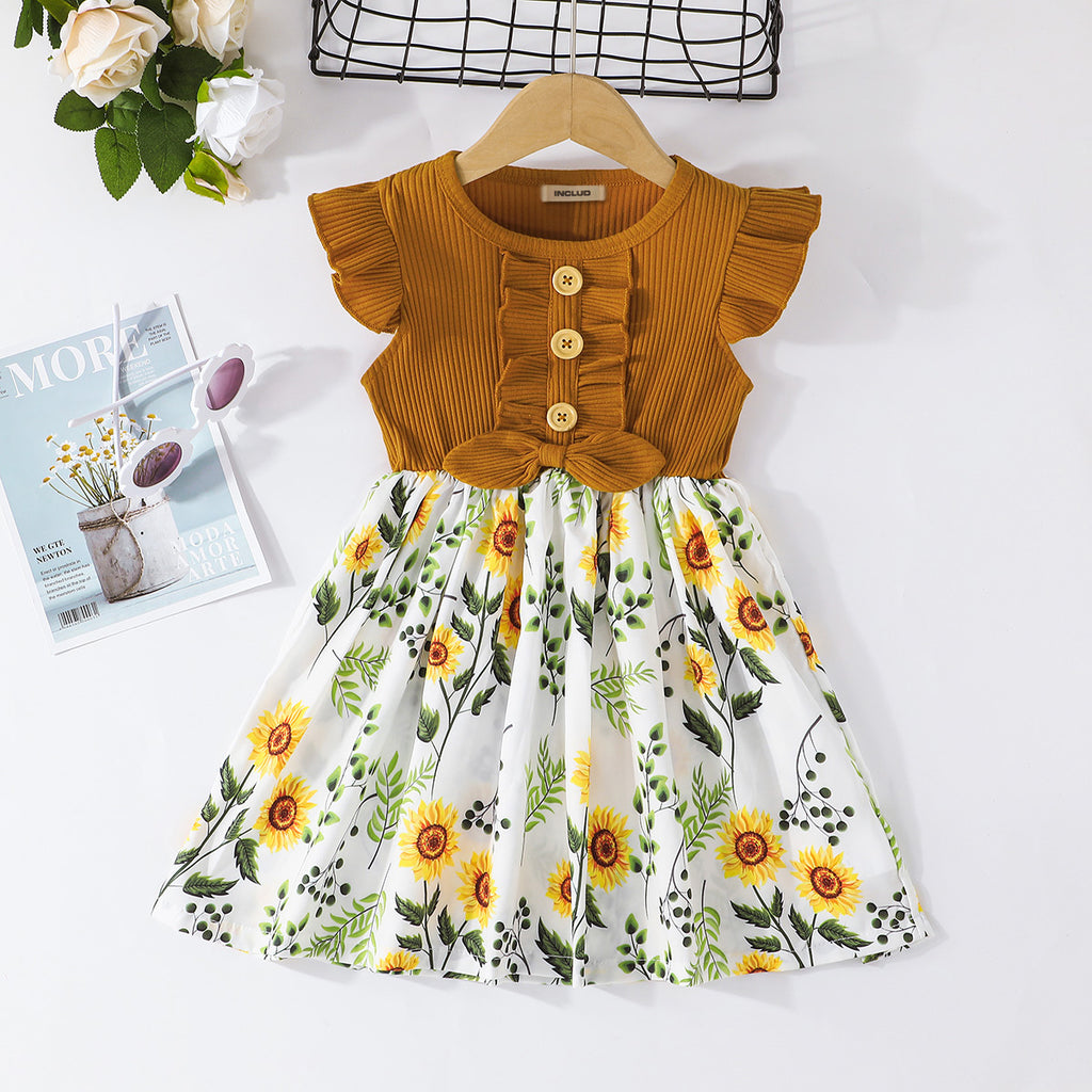 Girls Brown Short Sleeve Floral Print Fit & Flare Dress Casual Dresses Brown 0-1 Y 