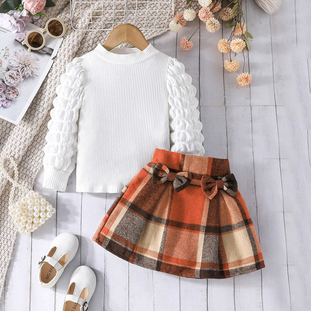 Girls White Puff Sleeve Top With Checked Skirt Set Sets White 2-3 Y 