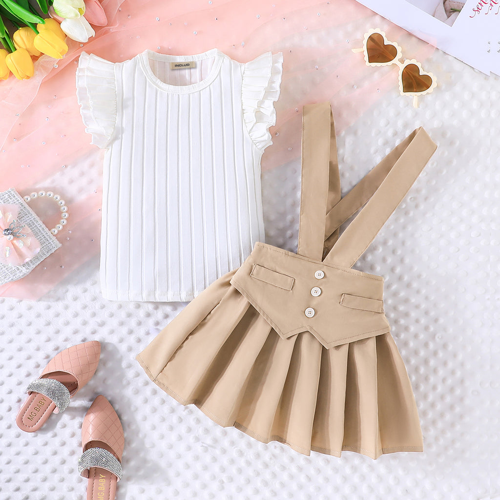 Girls Short Sleeve Top With Khaki Suspender Skirt Set Sets Khaki 3-4 Y 