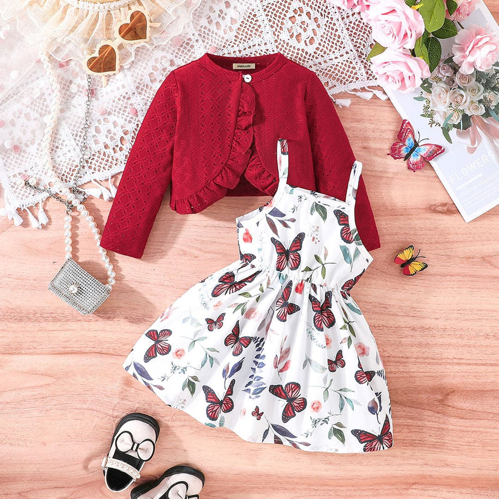 Girls Red Long Sleeve Shrug With Butterfly Printed Fit & Flare Dress Casual Dresses Red 6-9 M 