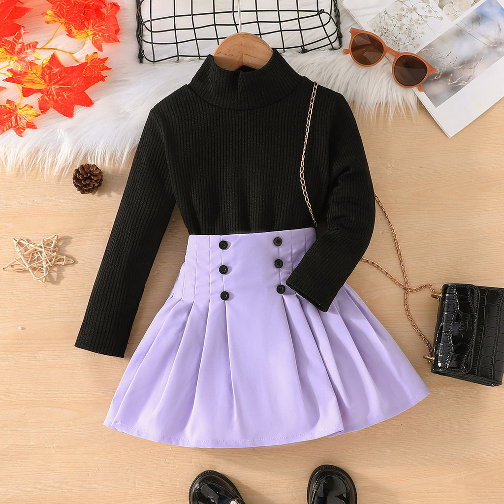 Girls Black Long Sleeve High Neck Top With Skirt Set Sets Black 3-4 Y 