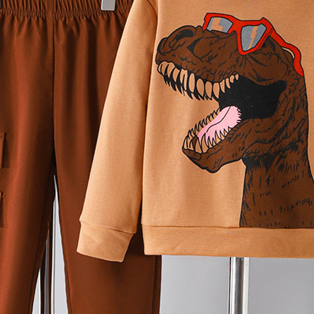 Boys Brown Dinosaur Printed Hooded Sweatshirt with Trouser Set Sets