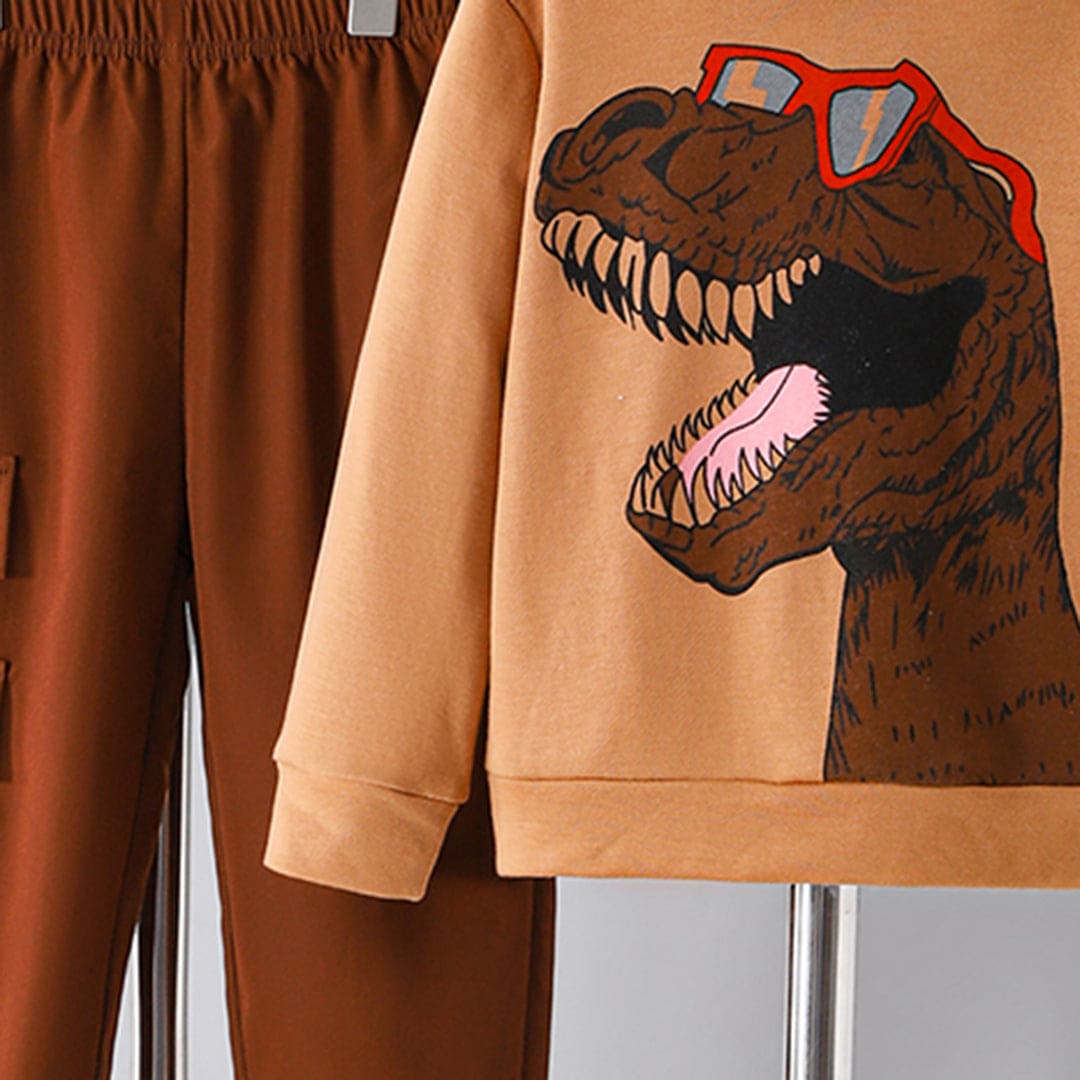 Boys Brown Dinosaur Printed Hooded Sweatshirt with Trouser Set Sets