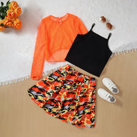 Girls Orange Top With Camisole Top And Printed Skirt Set Sets   