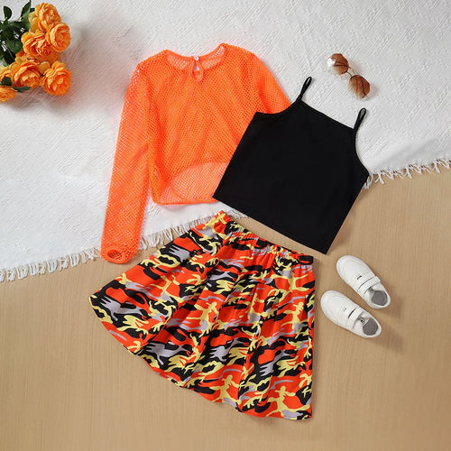 Girls Orange Top With Camisole Top And Printed Skirt Set Sets   