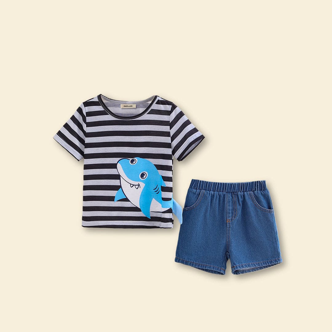 Boys Black Striped Short Sleeves T-shirt with Shorts Set Sets