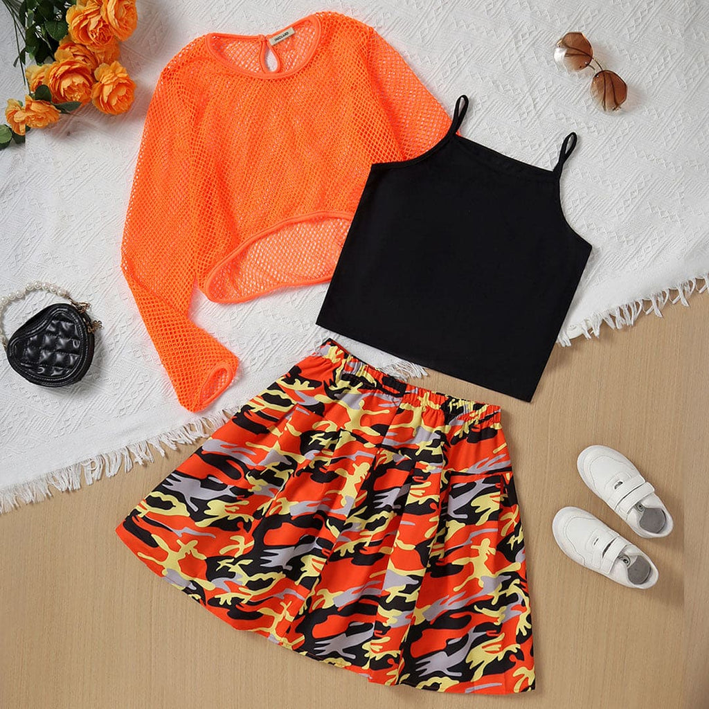 Girls Orange Top With Camisole Top And Printed Skirt Set Sets Orange 4-5 Y 