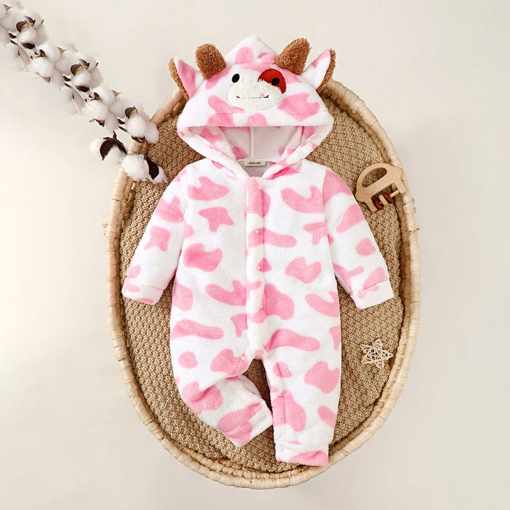 Girls Pink Printed Hooded Romper Jumpsuits Pink 0-3 M