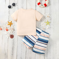 Boys Apricot Printed Short Sleeves T-shirt with Striped Shorts Set Sets