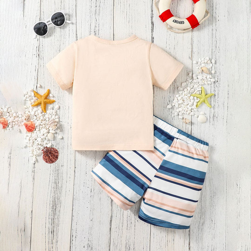 Boys Apricot Printed Short Sleeves T-shirt with Striped Shorts Set Sets