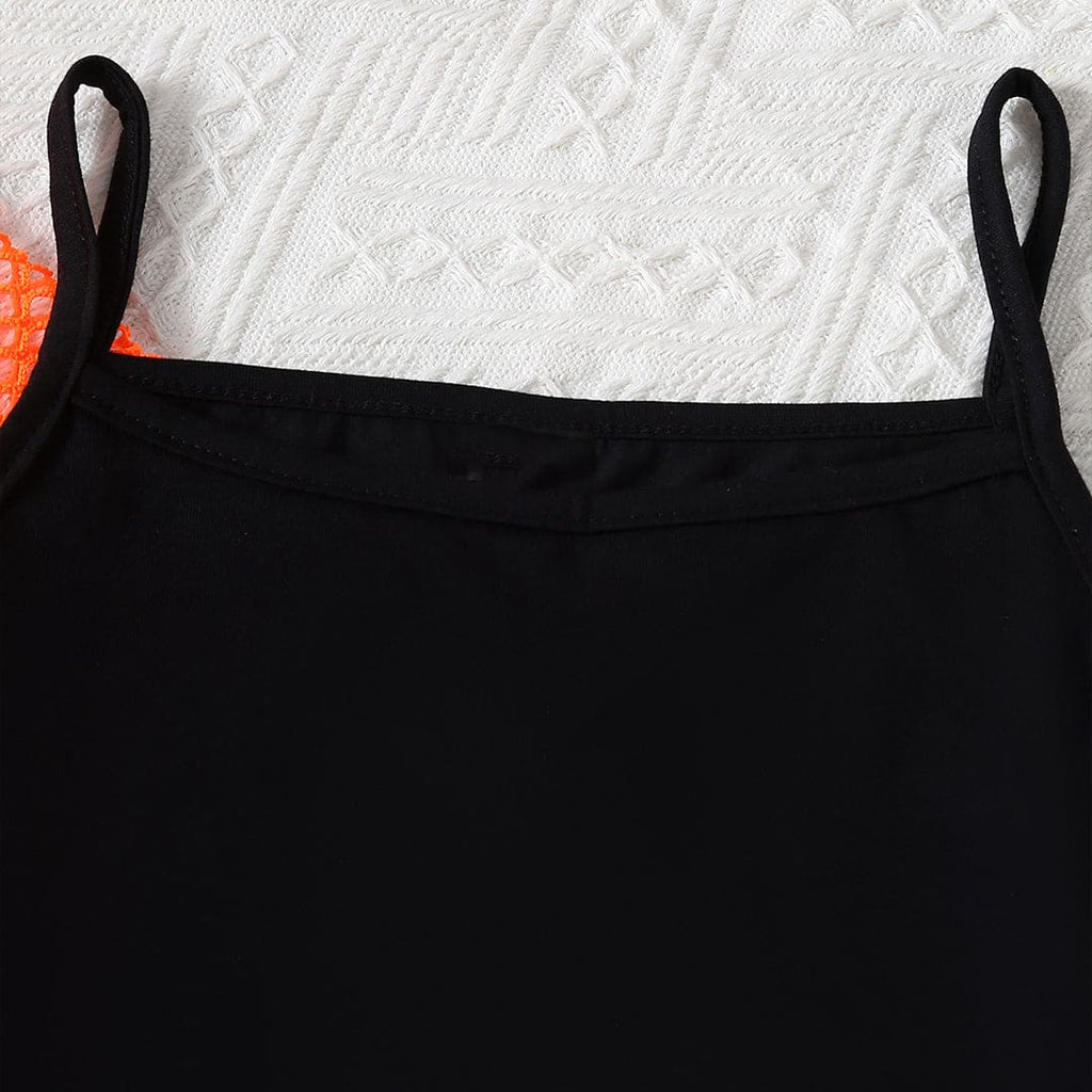 Girls Orange Top With Camisole Top And Printed Skirt Set Sets   