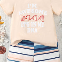 Boys Apricot Printed Short Sleeves T-shirt with Striped Shorts Set Sets