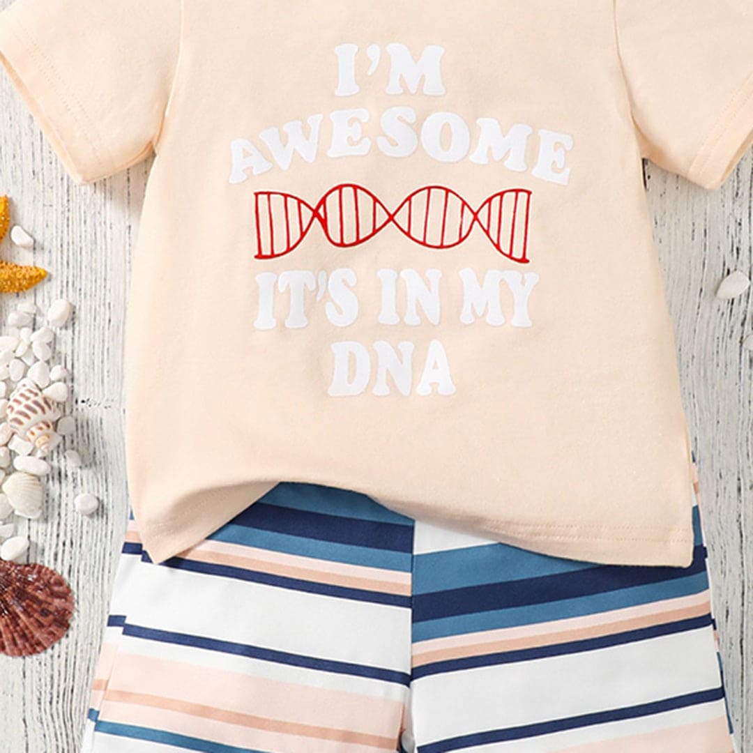 Boys Apricot Printed Short Sleeves T-shirt with Striped Shorts Set Sets
