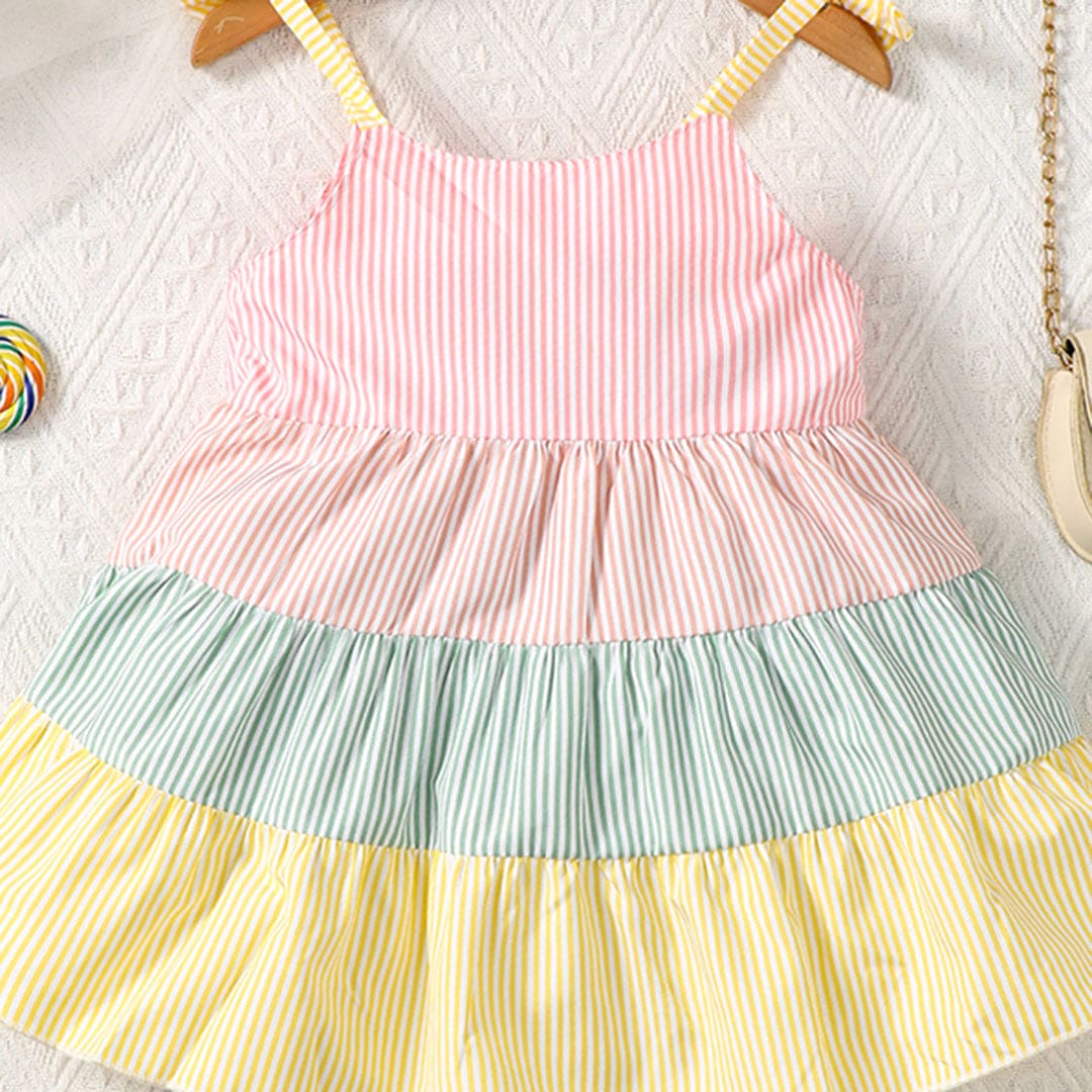 Girls Multicolor Striped Tiered Dress Casual Dresses