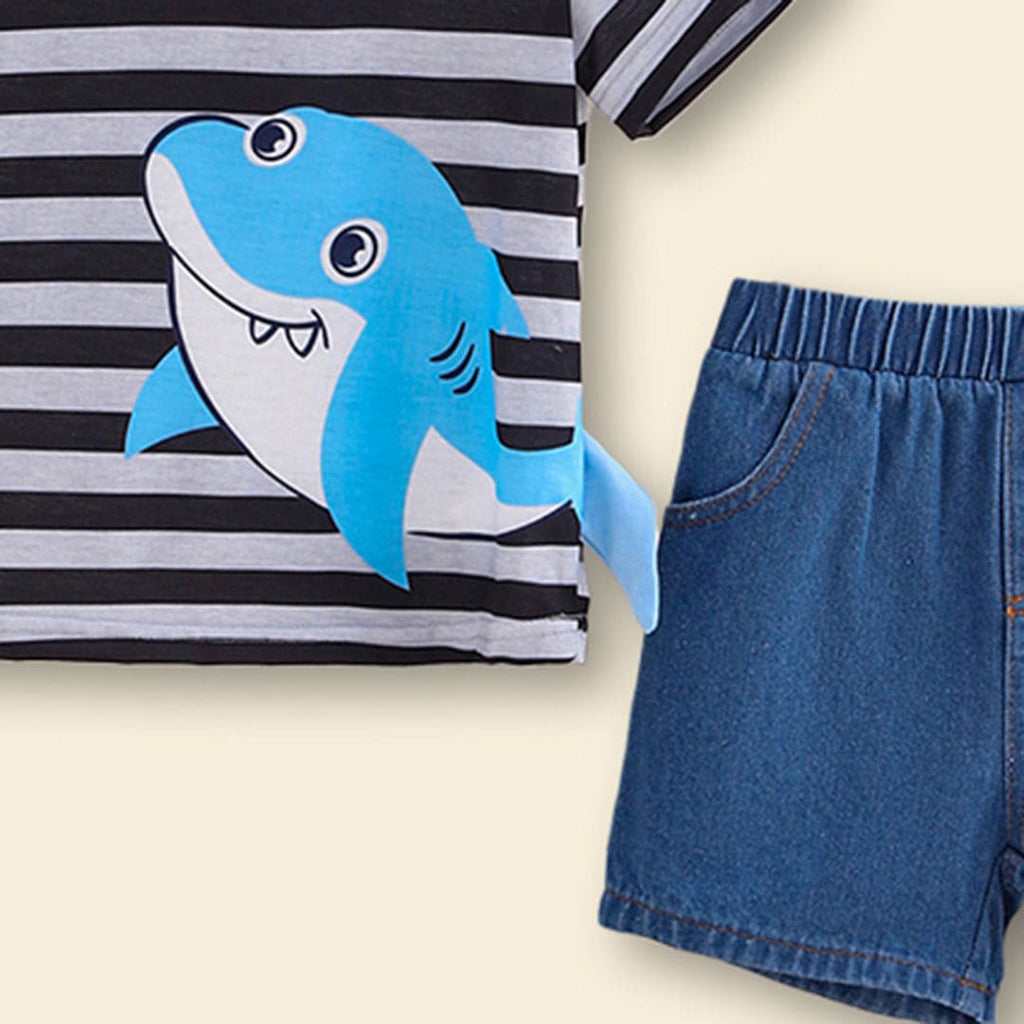 Boys Black Striped Short Sleeves T-shirt with Shorts Set Sets