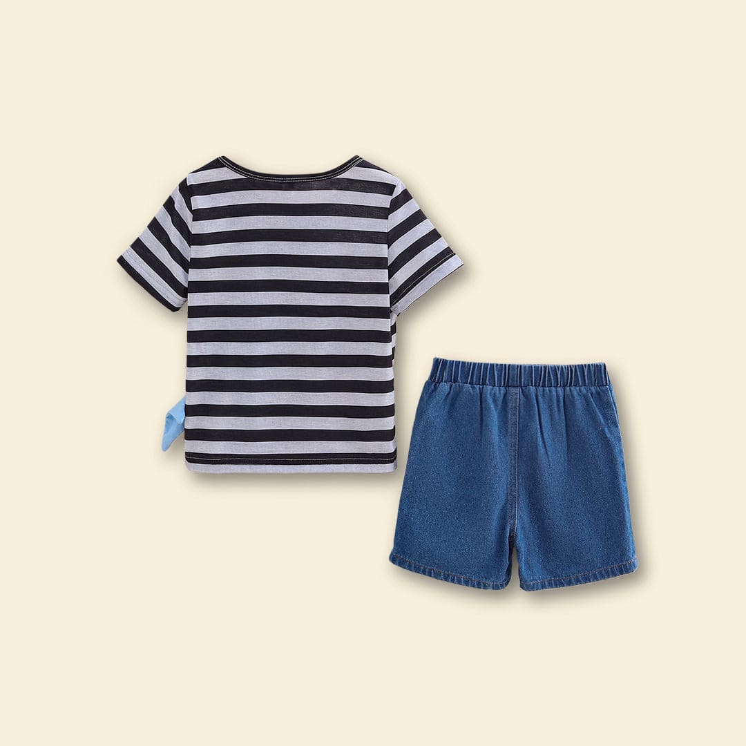 Boys Black Striped Short Sleeves T-shirt with Shorts Set Sets