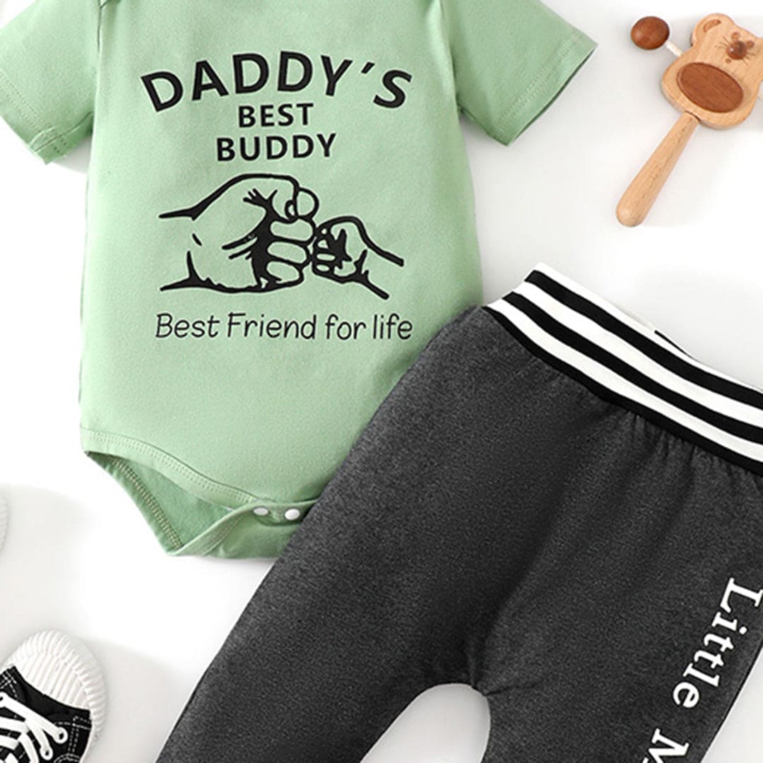 Boys Green Printed Bodysuit with Trouser Set Sets