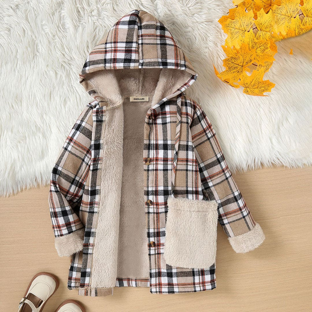 Girls Multicolor Hooded Checked Jackets With Fur Lining Coats & Jackets Multicolor 4-5 Y 