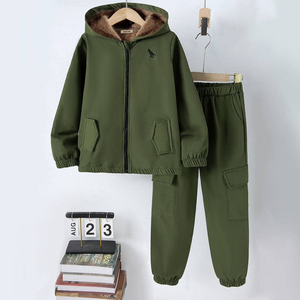 Boys Green Hooded Jacket With Pants Set And Fur Lining Sets Green 8-9 Y 