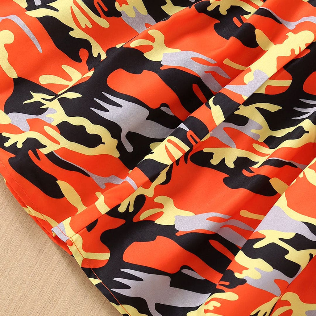 Girls Orange Top With Camisole Top And Printed Skirt Set Sets   