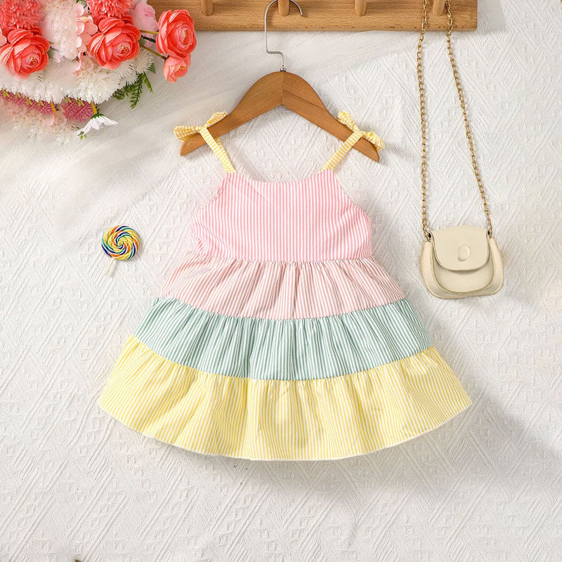 Girls Multicolor Striped Tiered Dress Casual Dresses