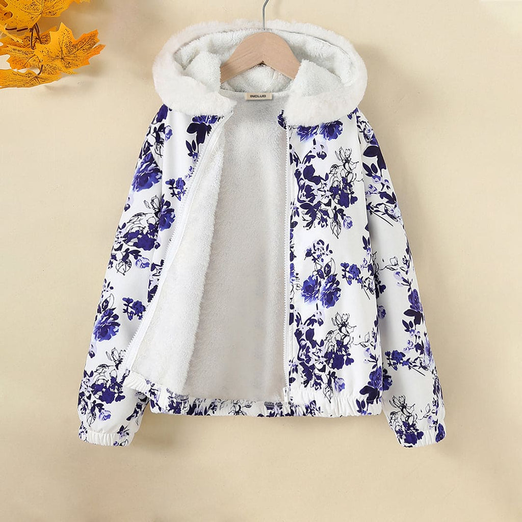 Girls Purple Flower Printed Hooded Jacket With Fur Lining Coats & Jackets Purple 8-9 Y 