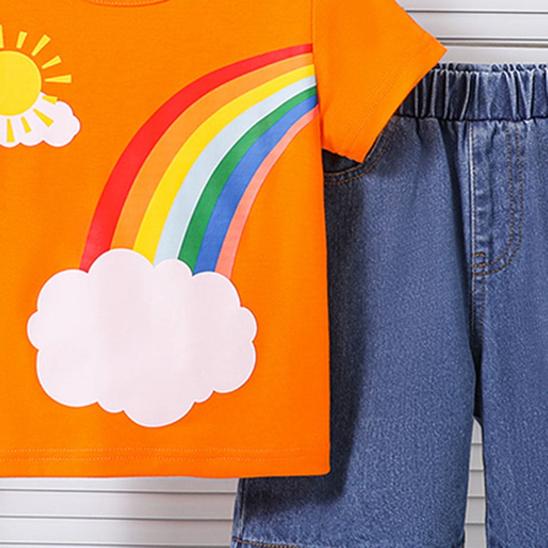 Boys Orange Rainbow Print Short Sleeves T-shirt with Shorts Set Sets
