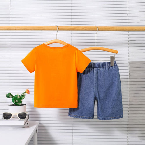 Boys Orange Rainbow Print Short Sleeves T-shirt with Shorts Set Sets