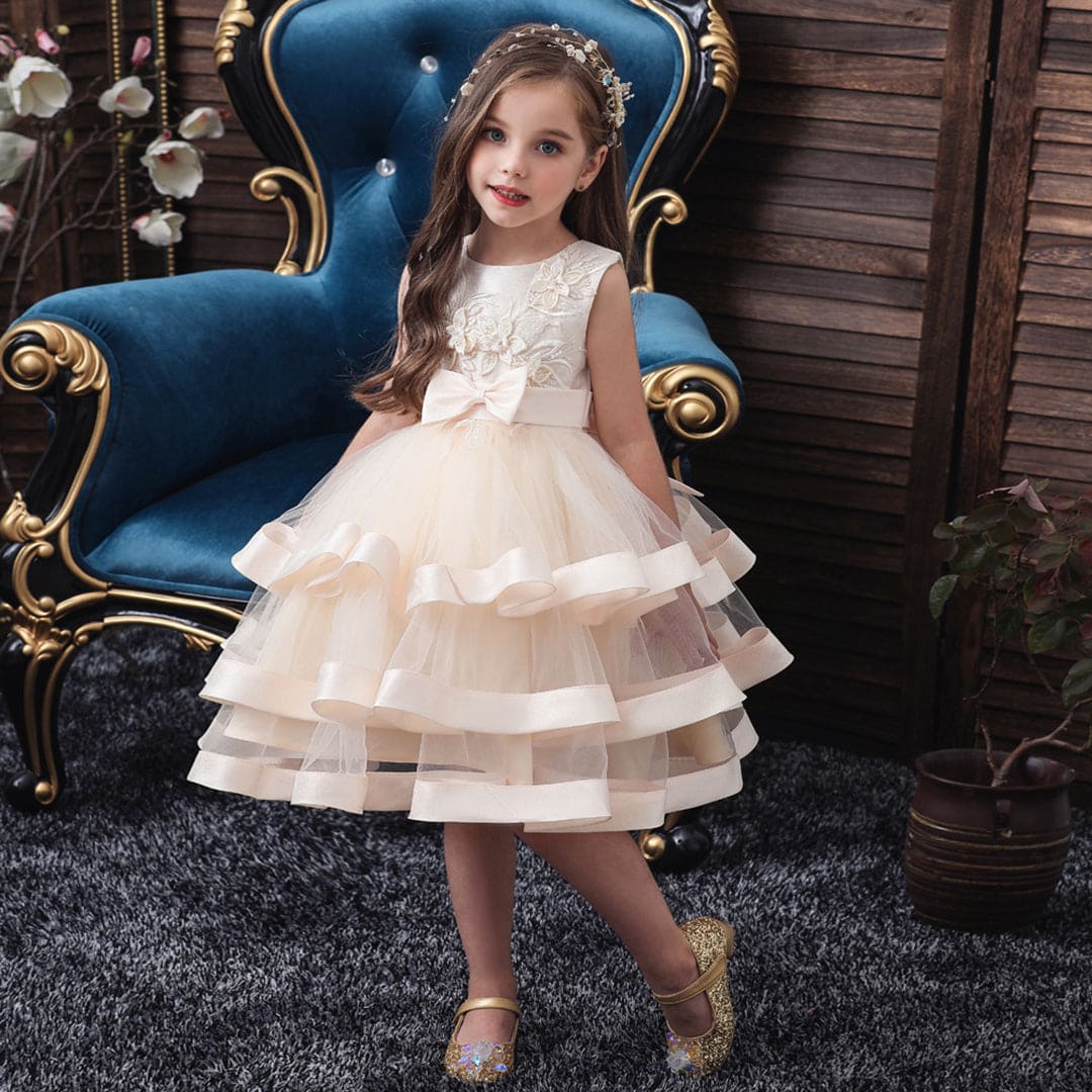 Girls Beige Flower Applique Tulle Party Dress Party Dresses
