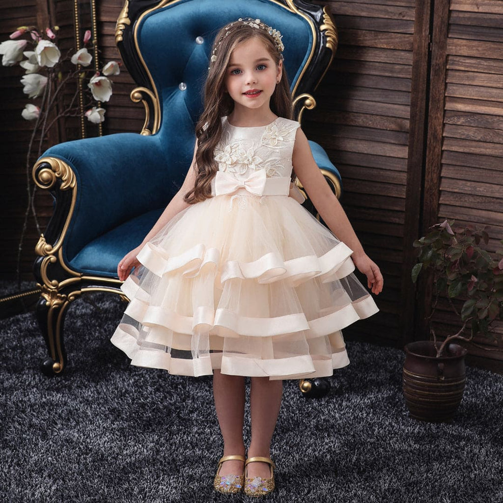 Girls Beige Flower Applique Tulle Party Dress Party Dresses Beige 2-3 Y