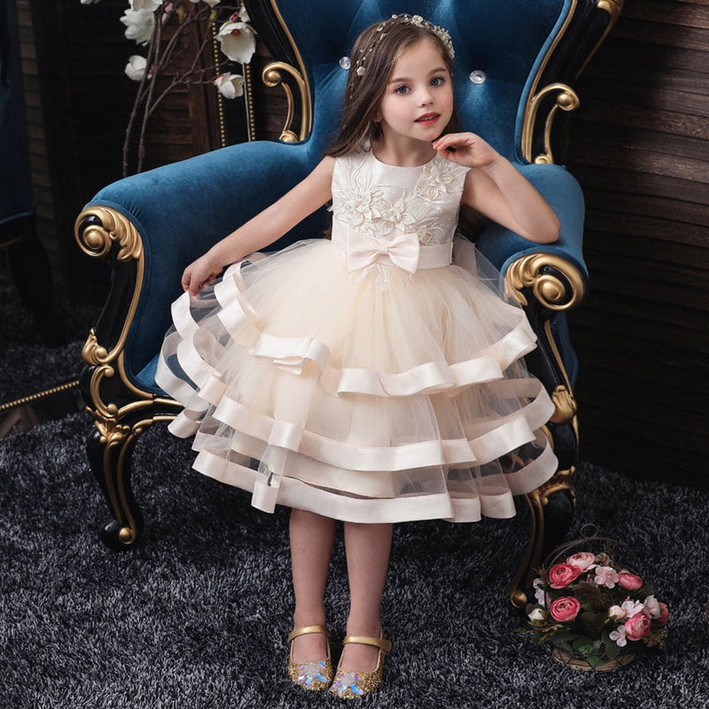 Girls Beige Flower Applique Tulle Party Dress Party Dresses