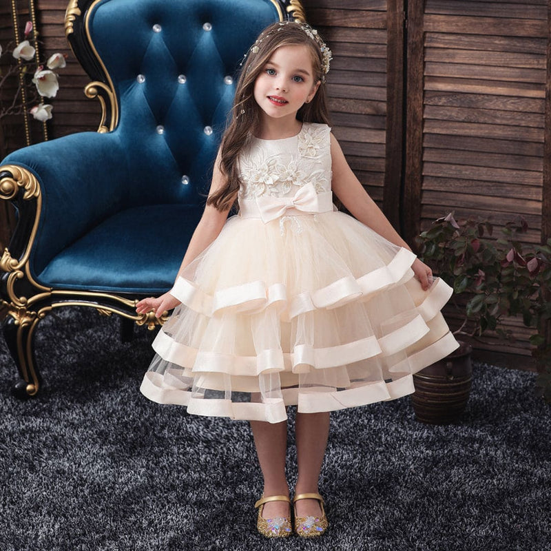 Girls Beige Flower Applique Tulle Party Dress Party Dresses