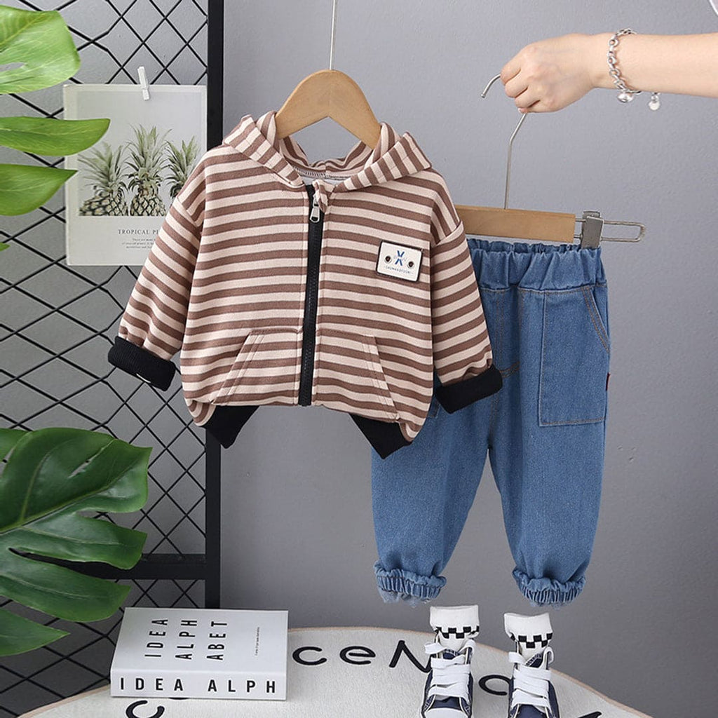 Boys Brown Striped Hooded Sweatshirt With Denim Trouser Set Sets Brown 1-2 Y 