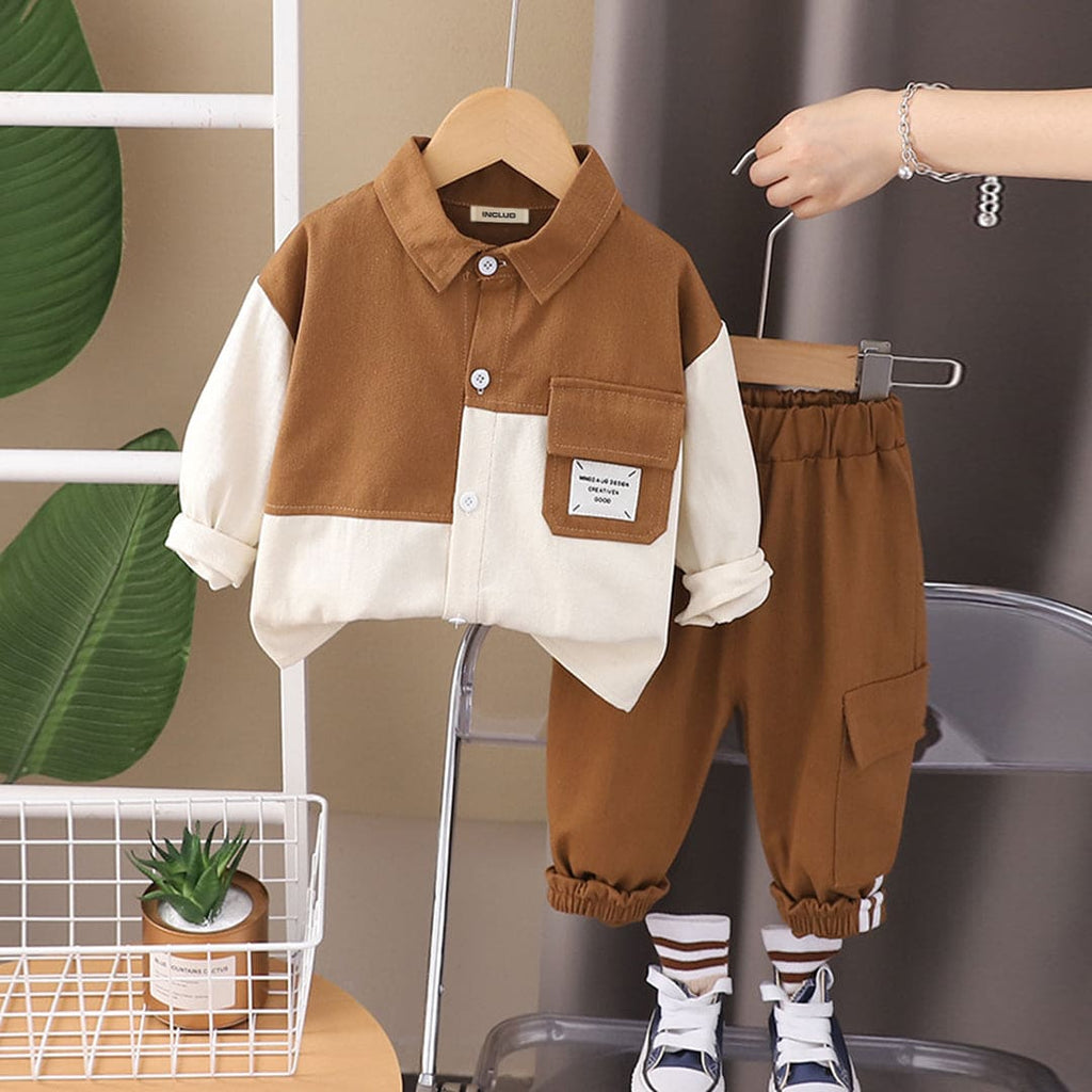 Boys Brown Color-blocked Shirt With Jogger Set Sets Brown 1-2 Y 