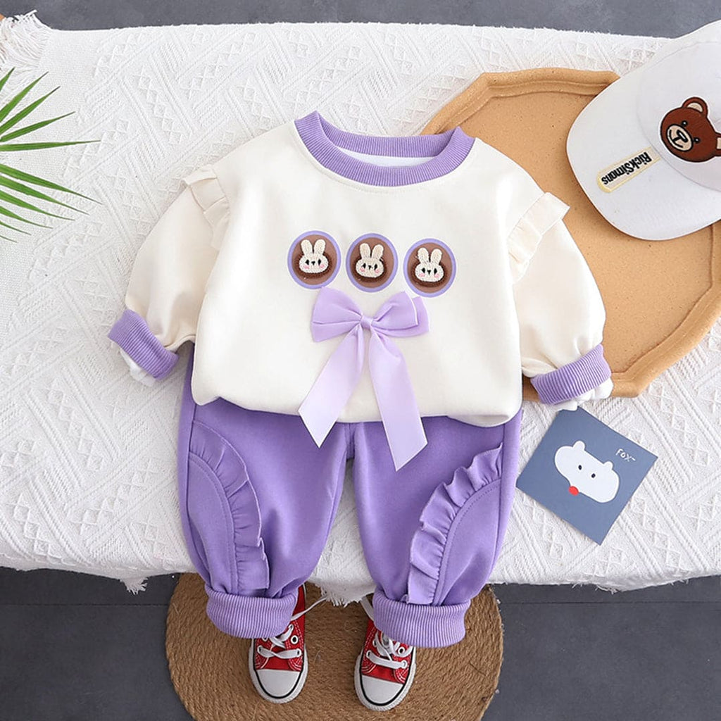 Girls Purple Bow Applique Sweatshirt With Elasticated Trouser Set Sets Purple 1-2 Y 